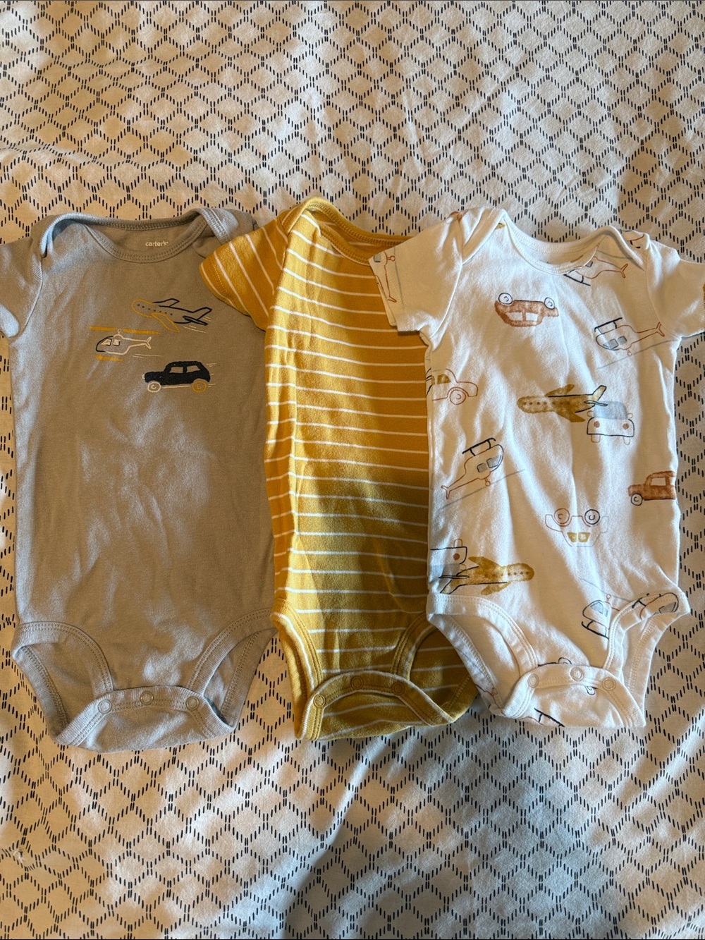 Carter's Gray, Mustard & White Baby Bodysuit Trio with Transport Prints